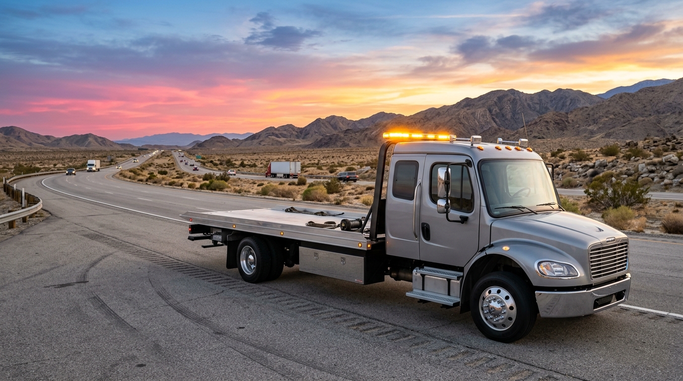 Heavy duty flatbed recovery truck operating on I-10 California desert highway corridor